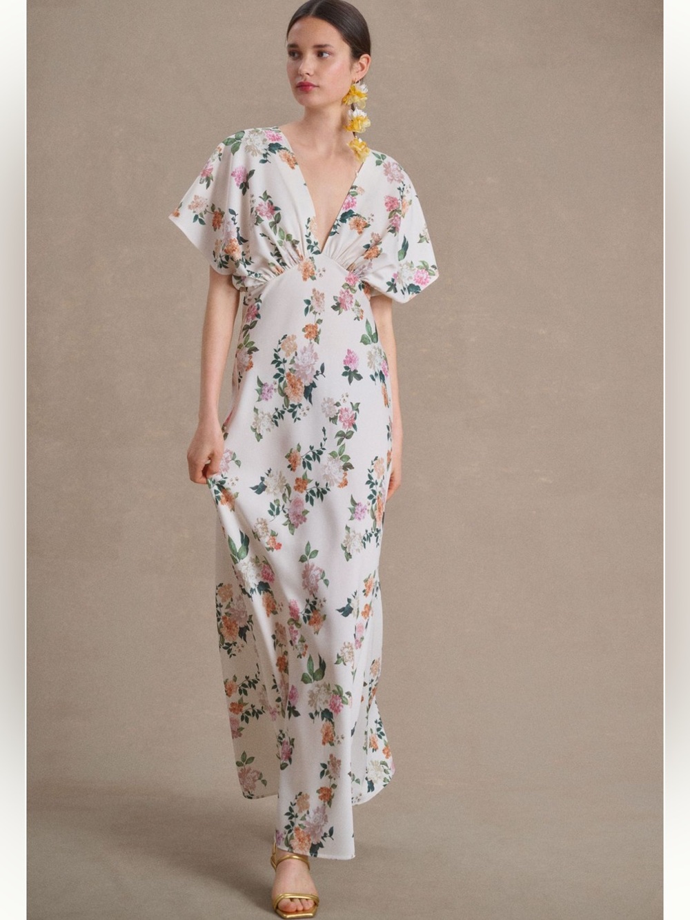 BHLDN Leila Deep-V Flutter Sleeve Satin A-line Floral Gown